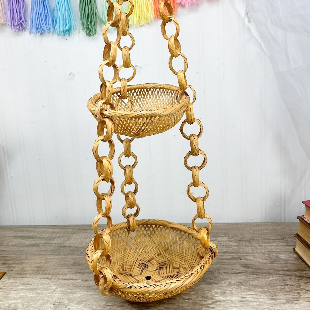 Vintage Boho 2 Tier Woven Wicker Hanging Fruit Basket